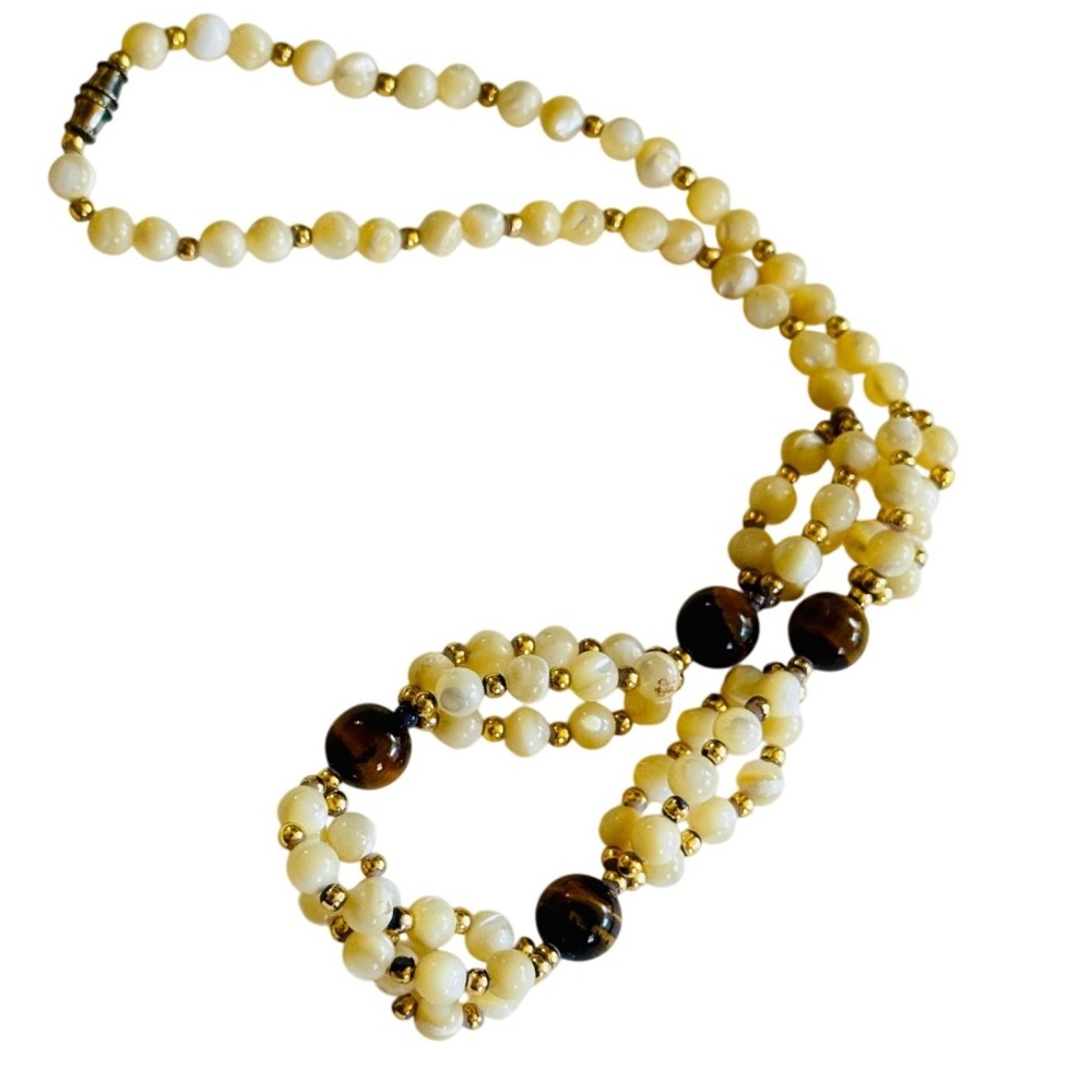 VTG Stone Necklace Mother of‎ pearl tigers eye beads Statement Layered BOHO 18"L